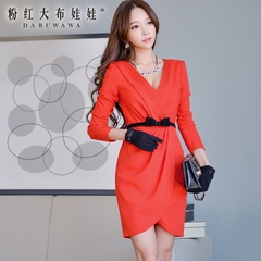 2015 summer dress pink doll new tide of Red OL temperament sexy long sleeve dress