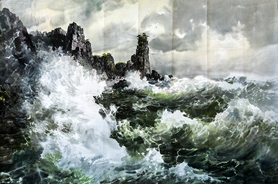 大幅 人民艺术家金成根《海七宝的海浪》朝鲜画 嘉宇金成出品