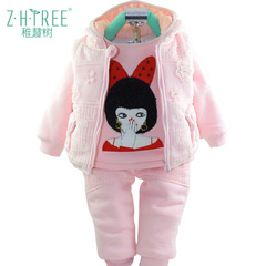 女童装冬装棉衣套装宝宝加绒加厚休闲卫衣三件套1-2-3岁婴儿衣服