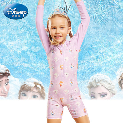 迪士尼兒童連體長袖泳衣卡通冰雪奇緣版女孩保暖速幹連體遊泳衣 - 520153039601