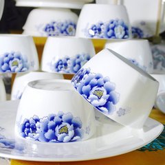 青花瓷餐具碗盘家用56头全方形碗盘碟骨瓷釉中彩中式碗景德镇礼品