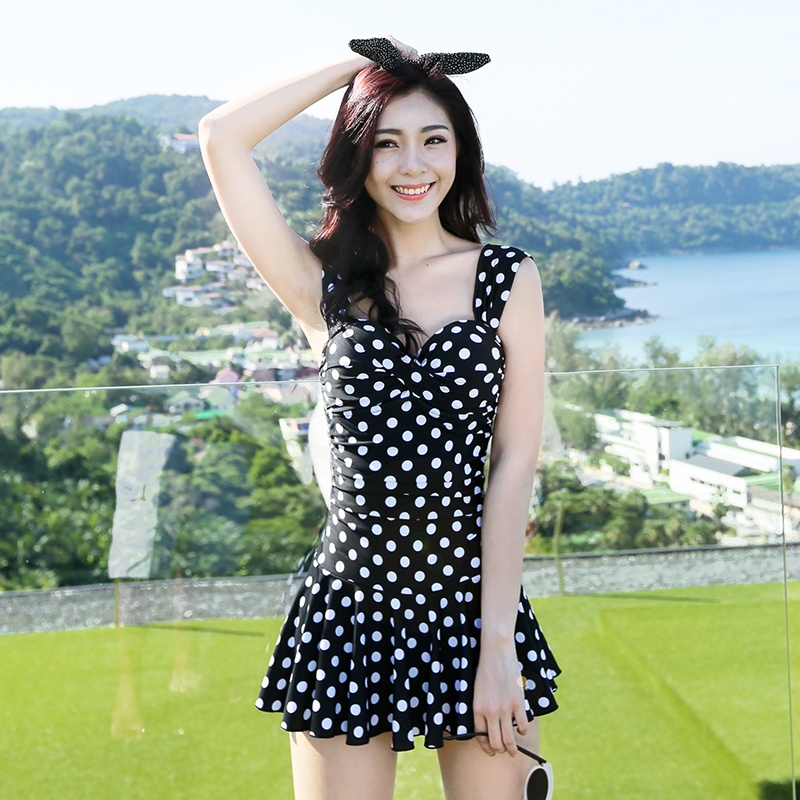 2015新款女士连体裙式泳衣显瘦泳装小胸聚拢钢托保守泡温泉游泳衣