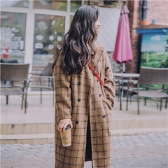 2016冬季新款韩版宽松大码夹棉保暖长款复古格子毛呢外套呢大衣女