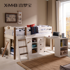 喜梦宝家具白色儿童床带书桌置物柜储物床阶梯小屋系统床