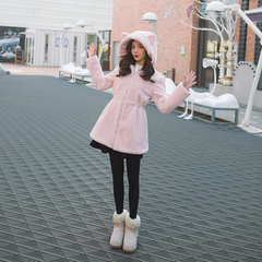 冬季韩版女小熊耳朵连帽毛绒中长款纯色呢子抽绳保暖羊羔毛厚外套