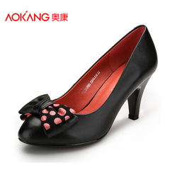 Aokang shoes winter women pointed high heels fashion elegant new leather bow set foot shoes