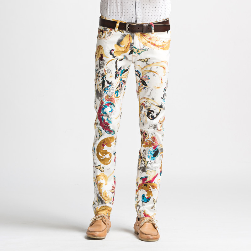 牛仔裤 男青年薄款男装印花弹力韩版修身潮男长裤大码花裤