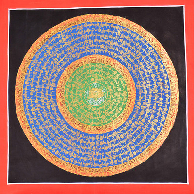 六字真言坛城(金边,莲花中心) 尼泊尔精品手绘唐卡 tk14