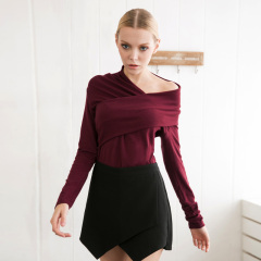 Spring in Europe and America the new elegant sexy v-neck strapless asymmetrical folds slim solid color knit long sleeve t-9234