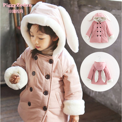 童装2016冬装新款女童棉衣儿童中大童加厚加绒兔耳朵棉服连帽外套