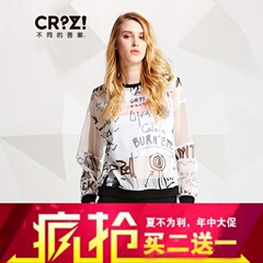 CRZ潮牌女装2016秋专柜代购新品印花欧根纱圆领套头T恤衫CDJ3V097