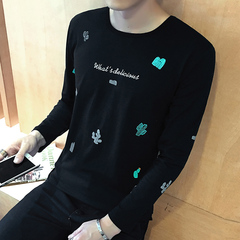 2016秋装男士长袖T恤青年韩版潮流上衣圆领印花精梳莱卡棉打底衫