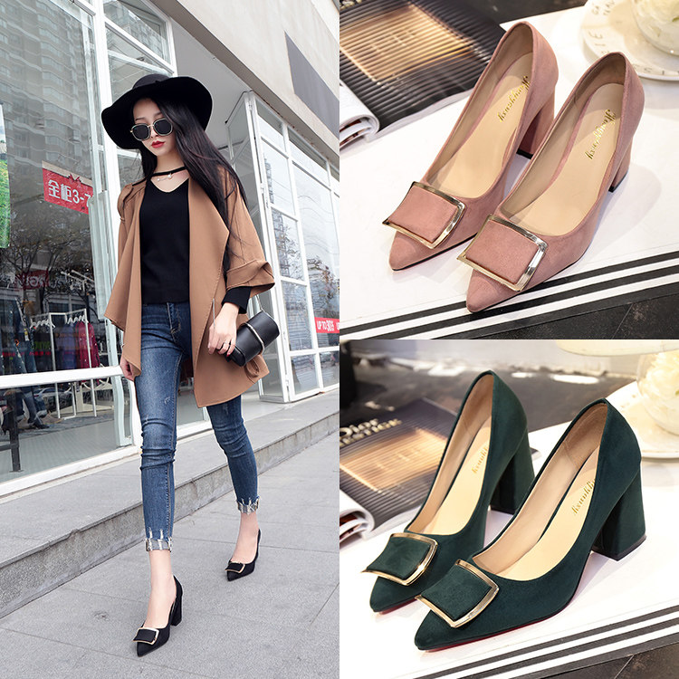 春季單鞋女2017粗跟中跟尖頭淺口方跟低跟百搭韓版簡約高跟女鞋
