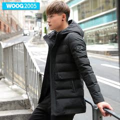 WOOG2005男士中长款连帽棉衣2016冬季新款青年黑色带帽棉服外套男