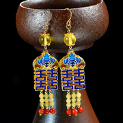 Very Thai double ear loop, China 925 Silver cloisonne Imperial Lady Sue Lady bride costume earrings