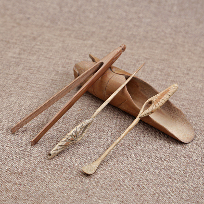 荷叶浮雕四件套装 竹茶具茶则茶勺茶针 茶铲茶夹赏茶荷茶道六君子