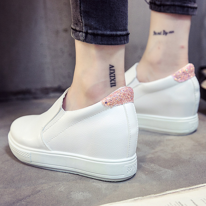 韓版潮秋鼕內增高小白鞋女2017新款百搭帆布鞋皮面板鞋懶人鞋單鞋