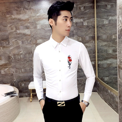 纯色韩版修身长袖衬衣结婚伴郎长袖男衬衣时尚夜店男衬衣美发师