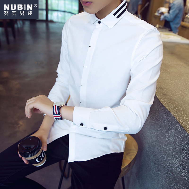 努宾男装秋季寸衣学生纯色长袖衬衫青少年韩版修身男士方领衬衣潮产品展示图2