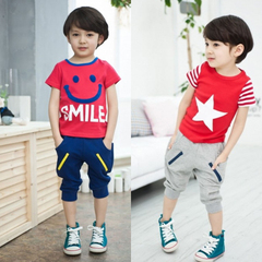 男童夏季韩版笑脸星星图案两件套儿童纯棉短袖七分裤休闲套装1-8