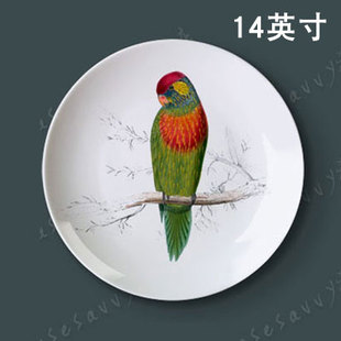 14英寸手绘风格鹦鹉餐厅背景墙装饰瓷盘 挂盘摆件 陶瓷盘装饰盘画