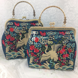 古馳仙鶴刺繡外套 原創手工制作中式復古刺繡仙鶴手拎包斜挎單肩鏈條包旗袍配包 古馳刺繡