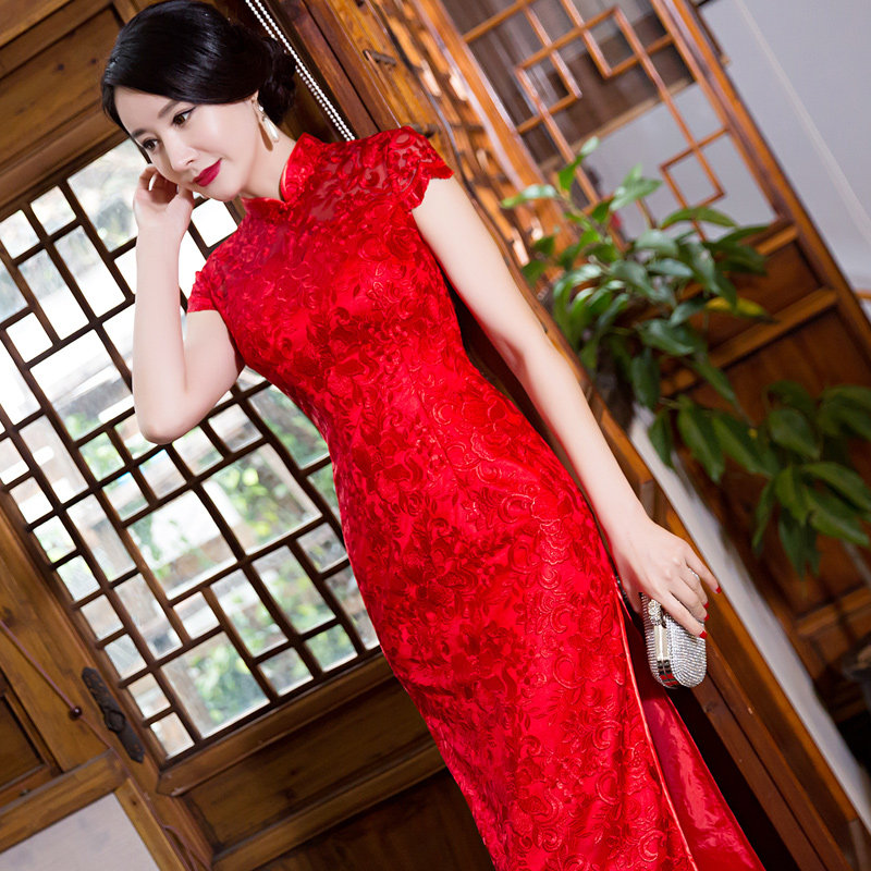 旗袍敬酒服中长 红色喜庆传统开叉修身显瘦中式盘扣新娘婚宴礼服