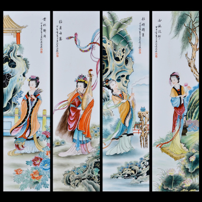 liu18《四美图》80*20cm瓷板刘昭俊江西省高级工艺美术师