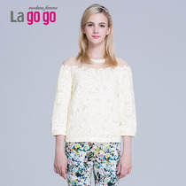 Lagogo/拉谷谷2015秋季新款宽松纱网蕾丝纯色T恤上衣ECA626J311
