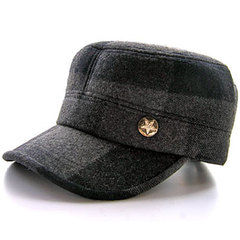 中老年帽子 男士老人帽老头帽 格纹平顶帽 厚军帽 冬羊毛呢帽护耳