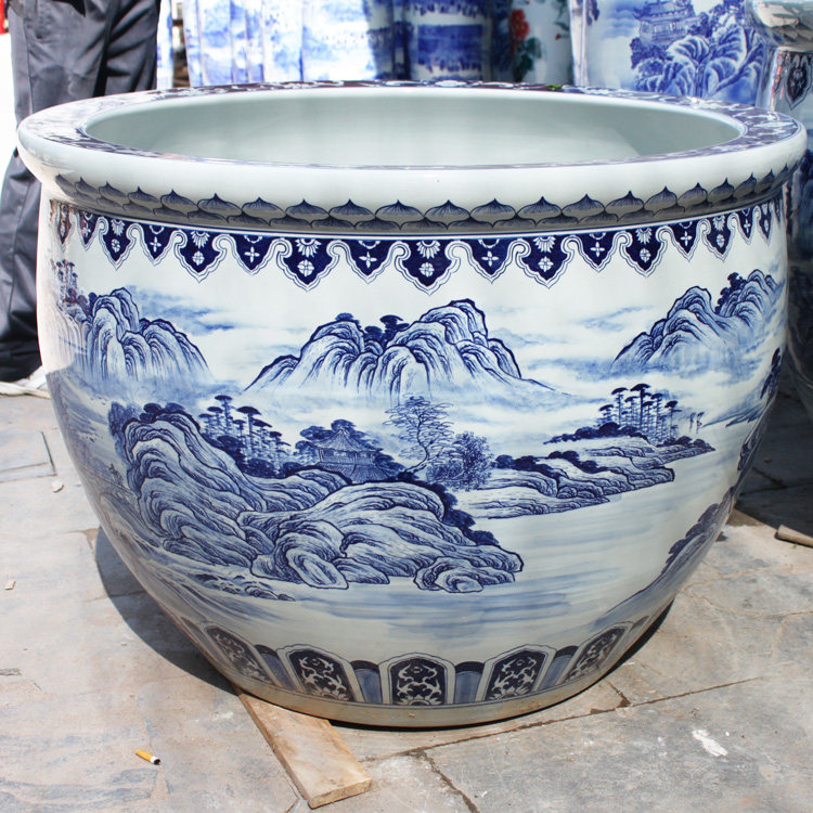 景德镇瓷器陶瓷鱼缸 酒店庭院大缸青花瓷锦鲤鱼缸荷花缸源远流长
