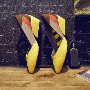 巴黎世家黃鞋 春季新款拼色女式鞋撞色拼接馬毛中跟單鞋紫色黃色坡跟鞋淺口瓢鞋 巴黎世家鞋