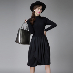 韩版时尚秋装针织连衣裙长袖2016新款女装拼接假两件套中长裙黑色