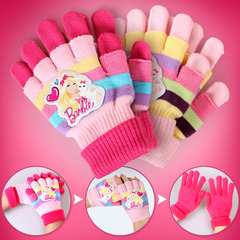 儿童手套芭比冬款五指保暖手套针织全指可爱双层三戴毛线手套