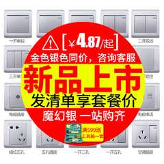 德力西墙壁五孔插座面板 银色开关插座86型二三插座5孔 开关面板