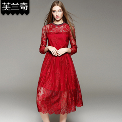 欧美气质时尚九分袖睫毛红色长袖蕾丝连衣裙春秋季中长款休闲长裙