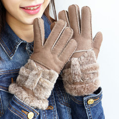 女冬女士手套羊皮毛一体羊毛手套可爱蝴蝶结冬季保暖分指真皮手套