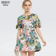 Fine bi Linda 2015 spring/summer new women's clothing in Europe and high waist skirt retro self-cultivation short sleeve print dress