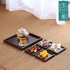 日式烧桐木仿古茶盘套装 正方形茶具托盘 简约实木复古茶水糖果盘