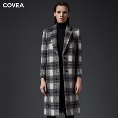 covea秋季新款格子时尚毛呢外套通勤OL翻领职业装中长款毛呢大衣