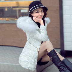 2016冬装韩版棉衣女中长款加厚修身棉袄蕾丝大毛领棉服外套女装