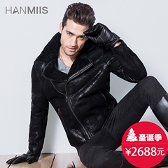 HANMIIS2016爆裂皮毛一体 皮草男绵羊皮夹克男外套机车真皮皮衣男