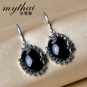 Thai female earrings 925 Silver Black agate natural stone-style Europe and simple earrings