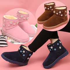纱绫雪地靴女短靴韩版学生平底棉靴子甜美花朵粉色面包鞋冬季女鞋