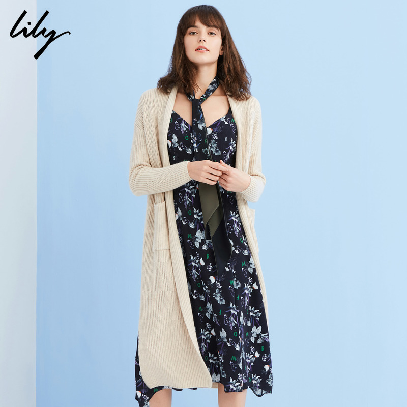 Lily2017新款女装针织开衫纯色长款开叉毛衣口袋外套116349B1915产品展示图1