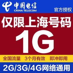 上海电信1G流量充值 全国流量 3个自然月 流量加油包无限叠加