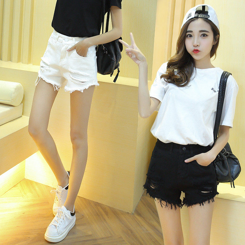 白色高腰牛仔短褲女夏季2017新款韓版百搭破洞寬松顯瘦闊腿熱褲子