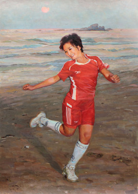 李财演《足球姑娘》朝鲜名家油画【白头山出品】