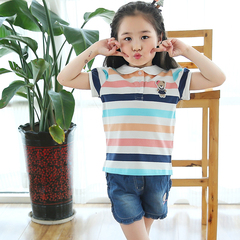 童装女童短袖T恤纯棉质 夏装新款韩版中小儿童女孩上衣条纹polo衫
