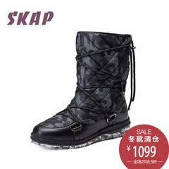 skap/圣伽步2016秋冬新款平底圆头中筒绑带靴女休闲拼接加绒棉靴